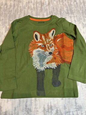 NWOT Mini Boden Green Embroidered Fox Long Sleeve Tee 5-6Y